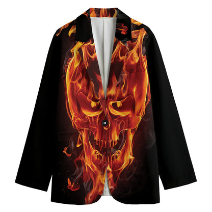 Flaming Evil Skull Print Women's Blazer