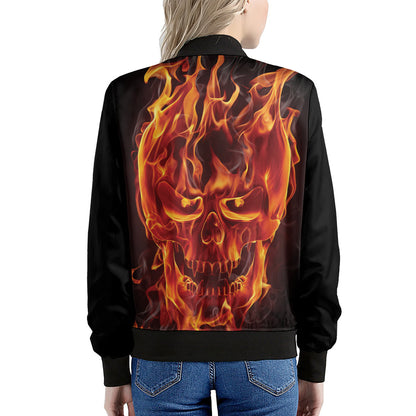 Flaming Evil Skull Print Women's Bomber Jacket