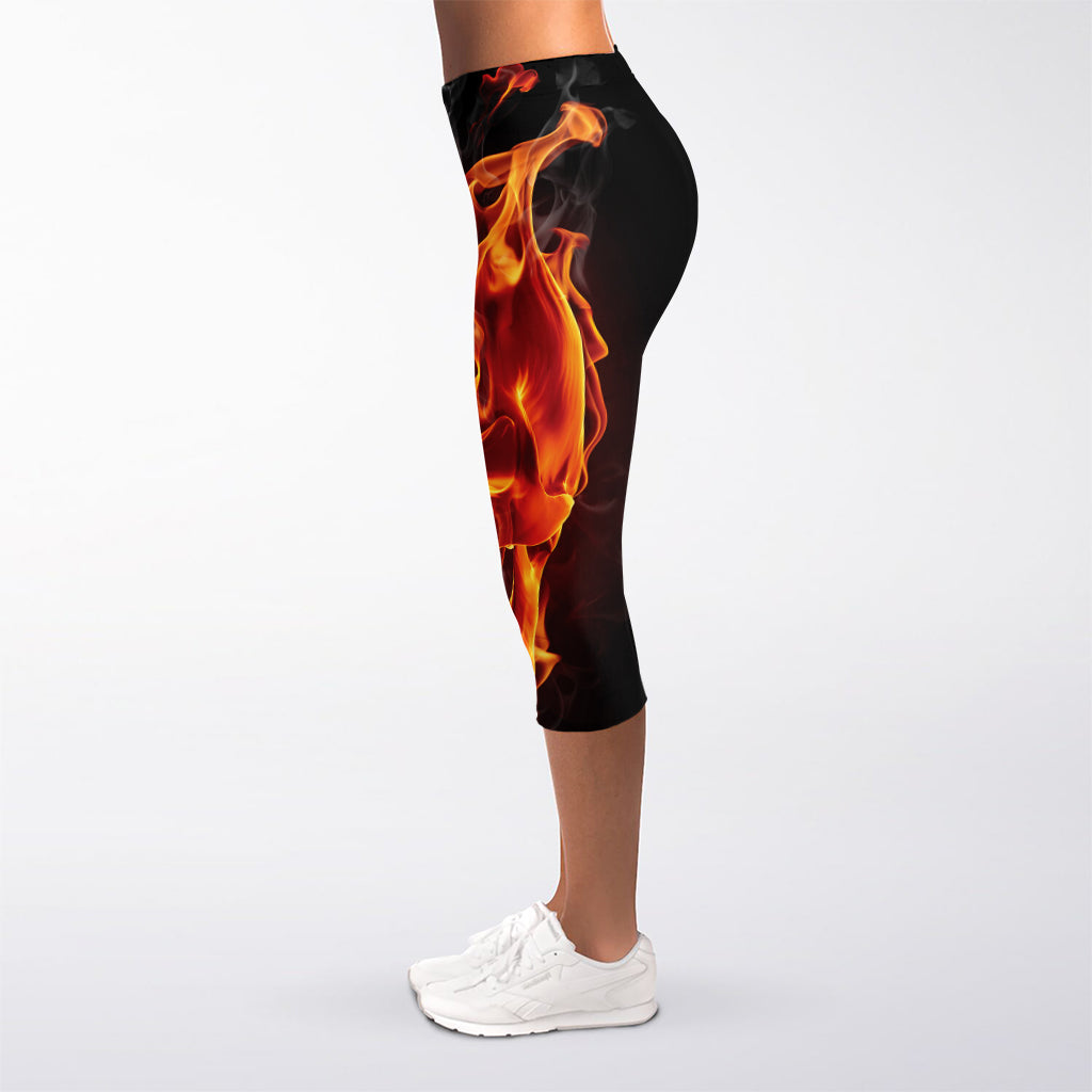 Flaming Evil Skull Print Women's Capri Leggings