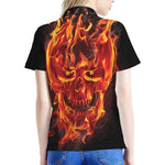 Flaming Evil Skull Print Women's Polo Shirt