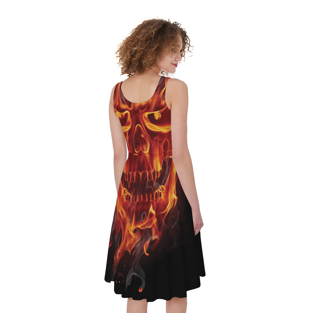 Flaming Evil Skull Print Women's Sleeveless Dress