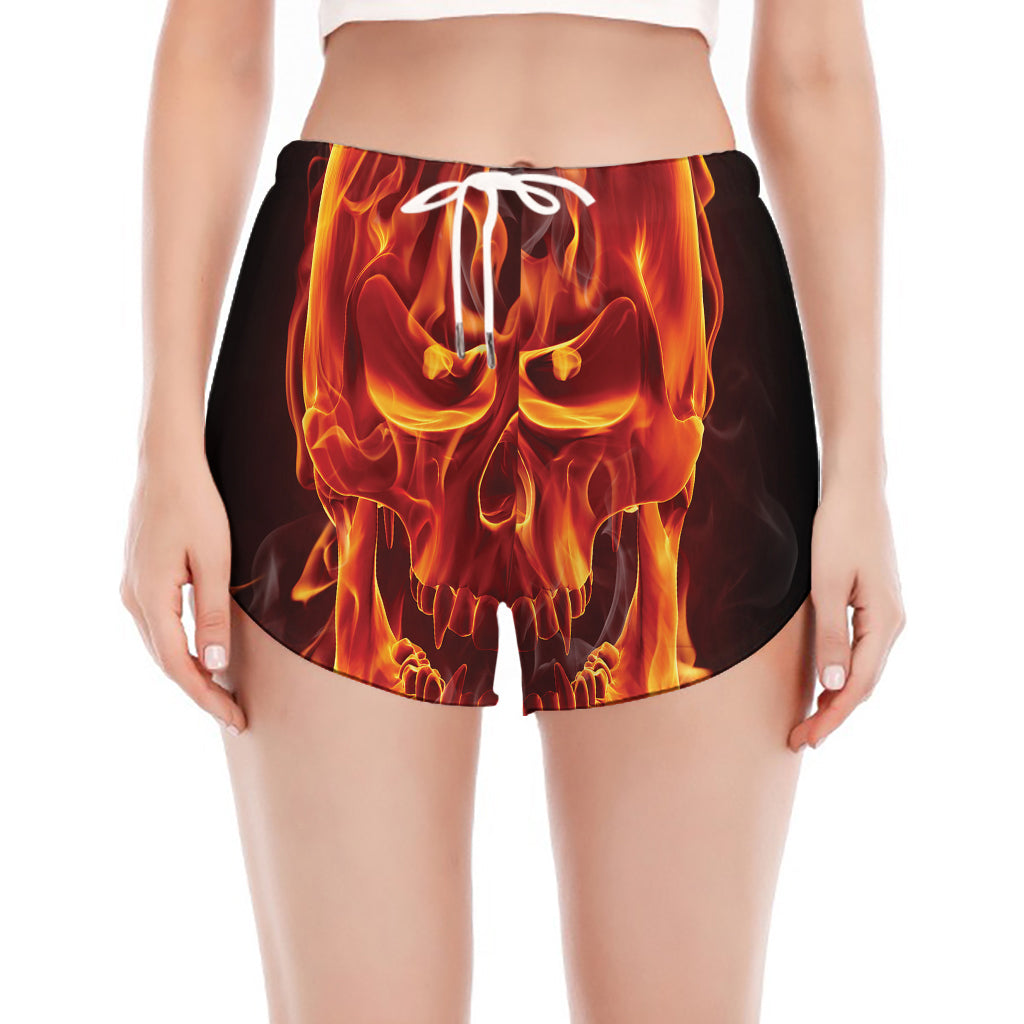 Flaming Evil Skull Print Women's Split Running Shorts