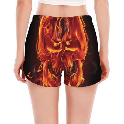 Flaming Evil Skull Print Women's Split Running Shorts