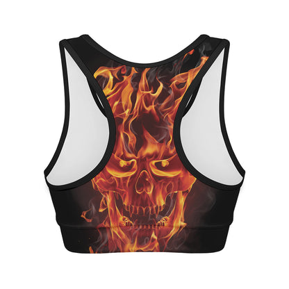 Flaming Evil Skull Print Women's Sports Bra