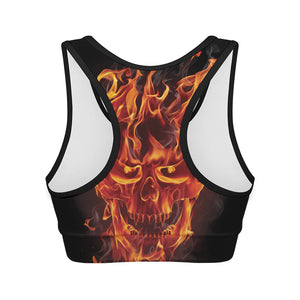 Flaming Evil Skull Print Women's Sports Bra