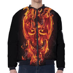 Flaming Evil Skull Print Zip Sleeve Bomber Jacket