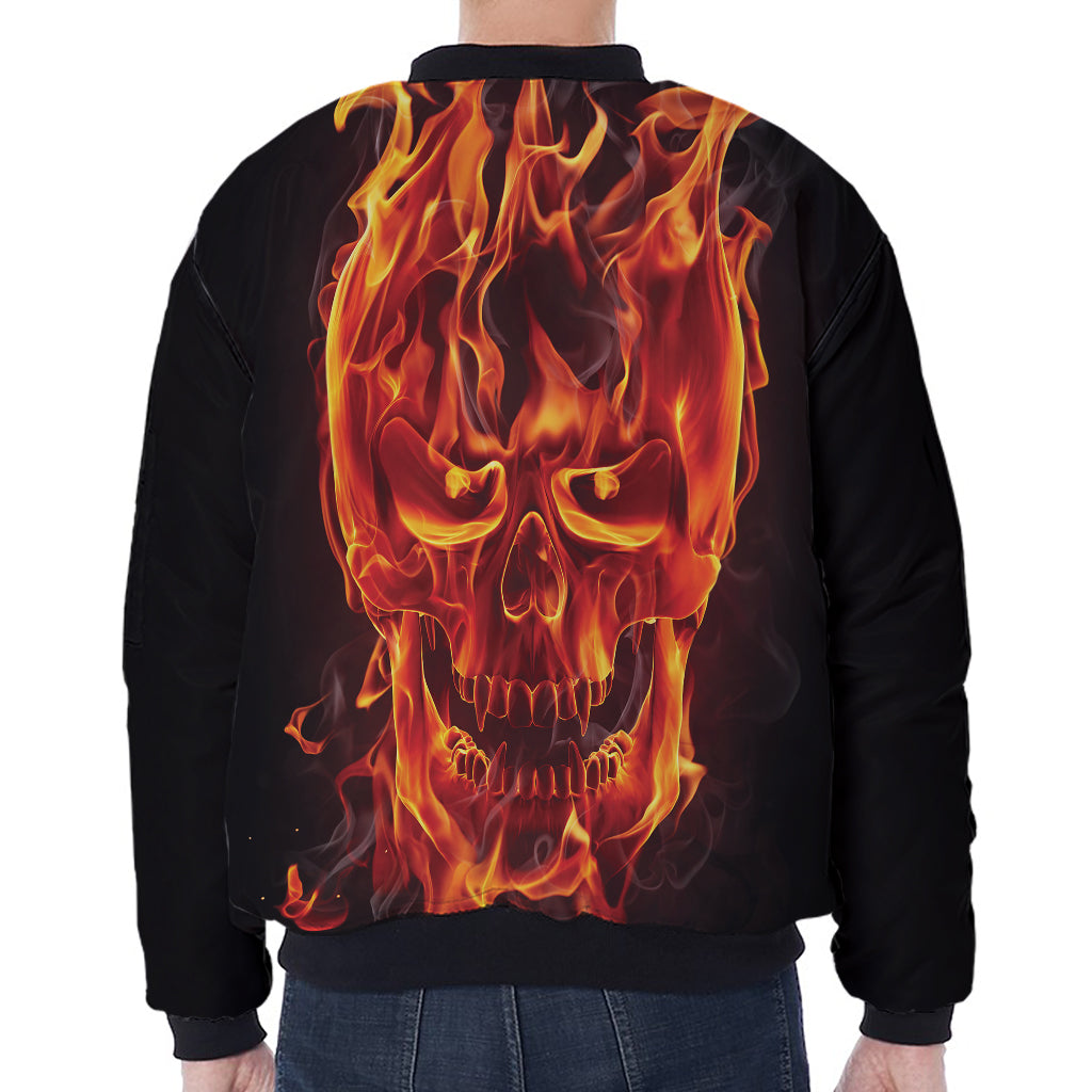 Flaming Evil Skull Print Zip Sleeve Bomber Jacket
