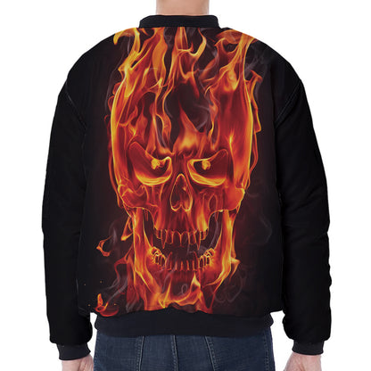 Flaming Evil Skull Print Zip Sleeve Bomber Jacket