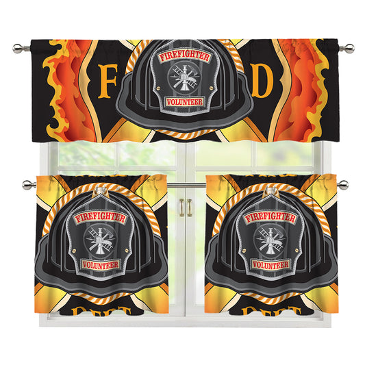 Flaming Firefighter Emblem Print 3 Piece Kitchen Curtains