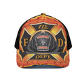 Flaming Firefighter Emblem Print Black Mesh Trucker Hat