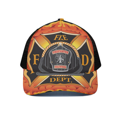 Flaming Firefighter Emblem Print Black Mesh Trucker Cap