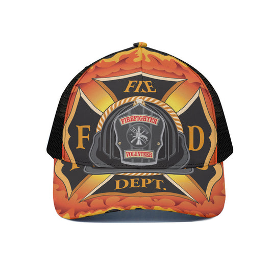 Flaming Firefighter Emblem Print Black Mesh Trucker Cap