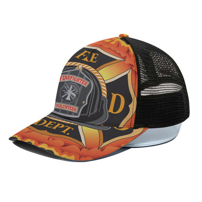 Flaming Firefighter Emblem Print Black Mesh Trucker Cap
