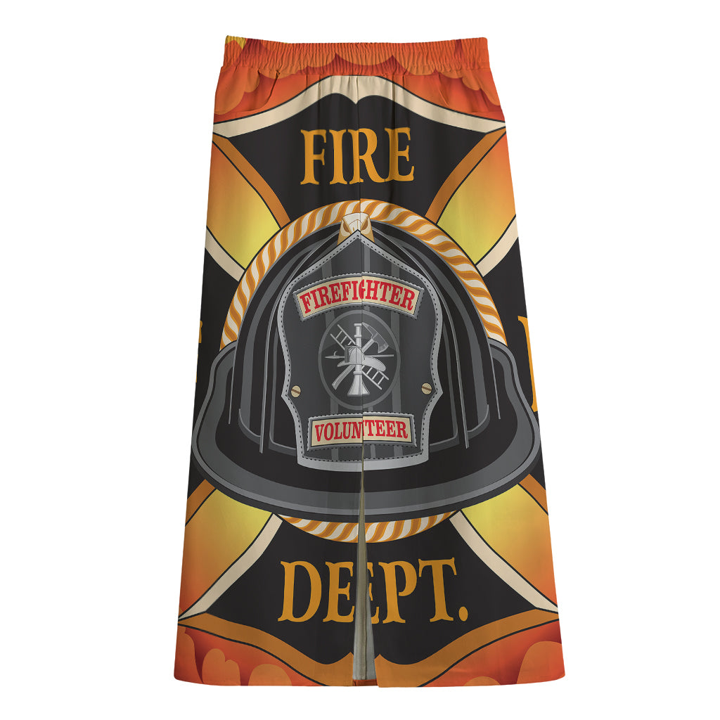 Flaming Firefighter Emblem Print Cotton Front Slit Maxi Skirt