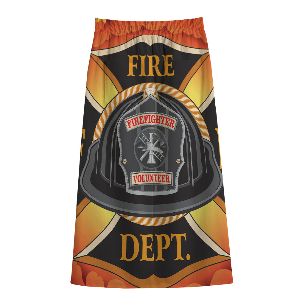 Flaming Firefighter Emblem Print Cotton Front Slit Maxi Skirt