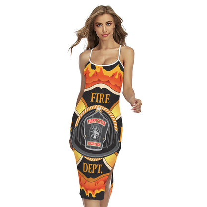 Flaming Firefighter Emblem Print Cross Back Cami Dress