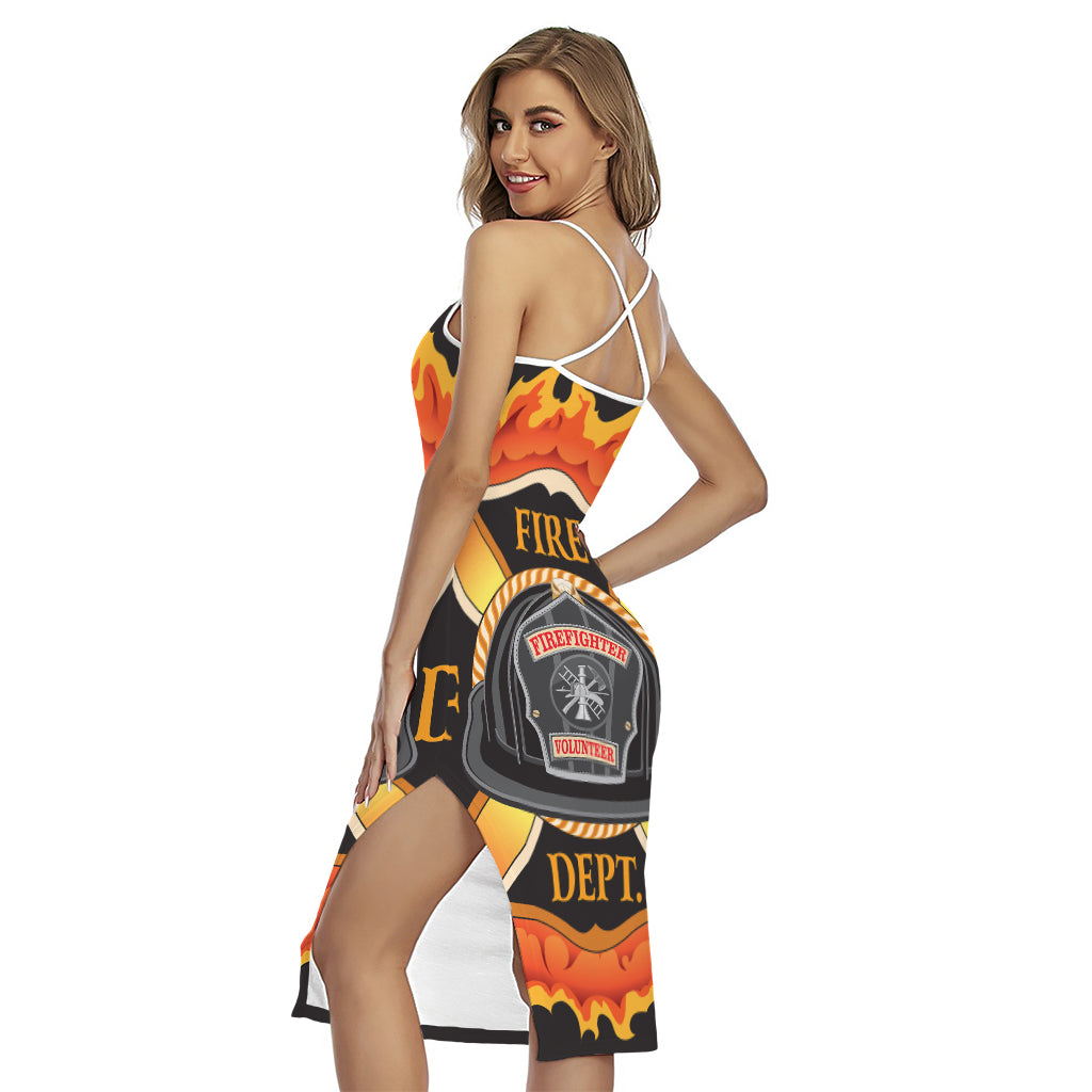 Flaming Firefighter Emblem Print Cross Back Cami Dress