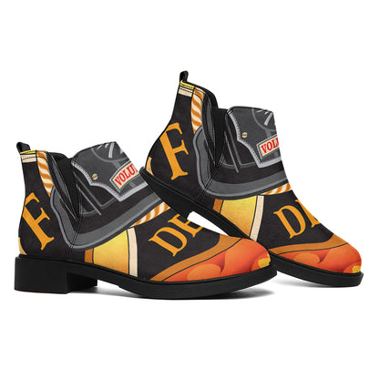 Flaming Firefighter Emblem Print Flat Ankle Boots