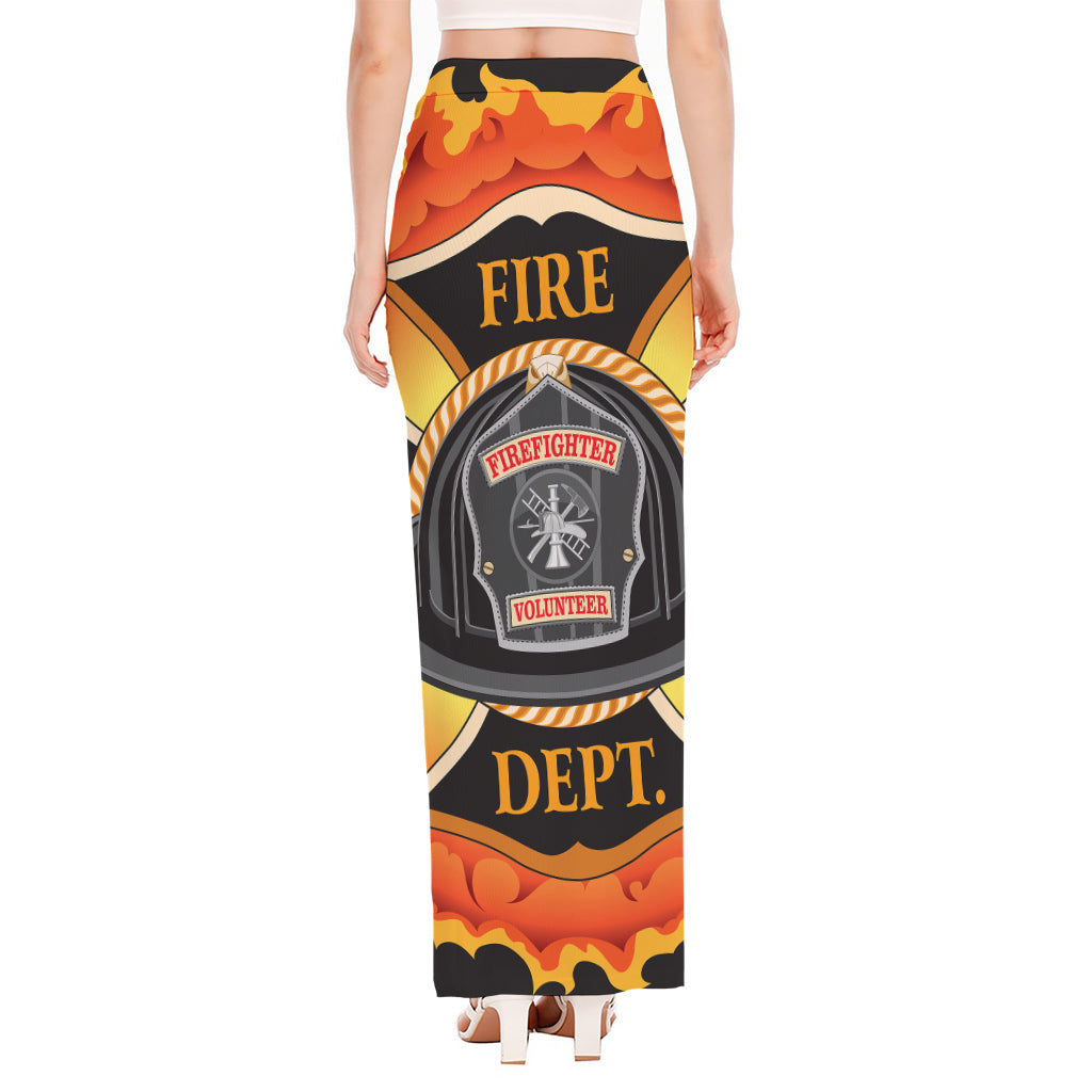 Flaming Firefighter Emblem Print High Slit Maxi Skirt