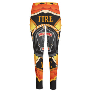 Flaming Firefighter Emblem Print High-Waisted Pocket Leggings