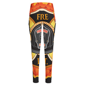 Flaming Firefighter Emblem Print High-Waisted Pocket Leggings