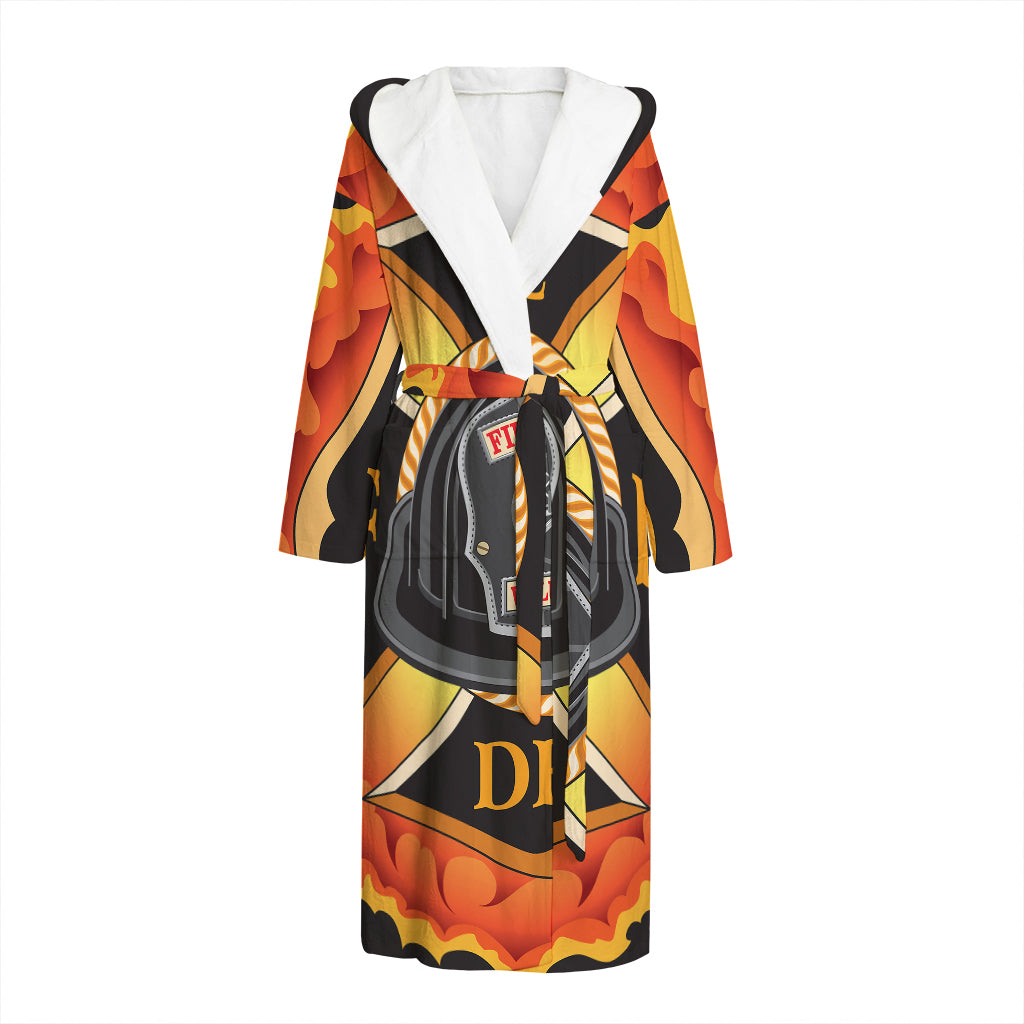 Flaming Firefighter Emblem Print Hooded Bathrobe