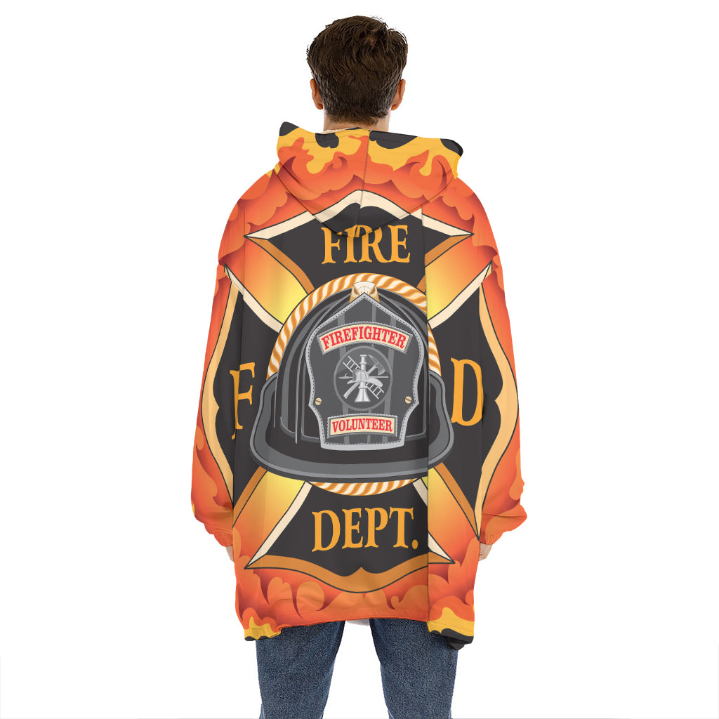 Flaming Firefighter Emblem Print Hoodie Blanket