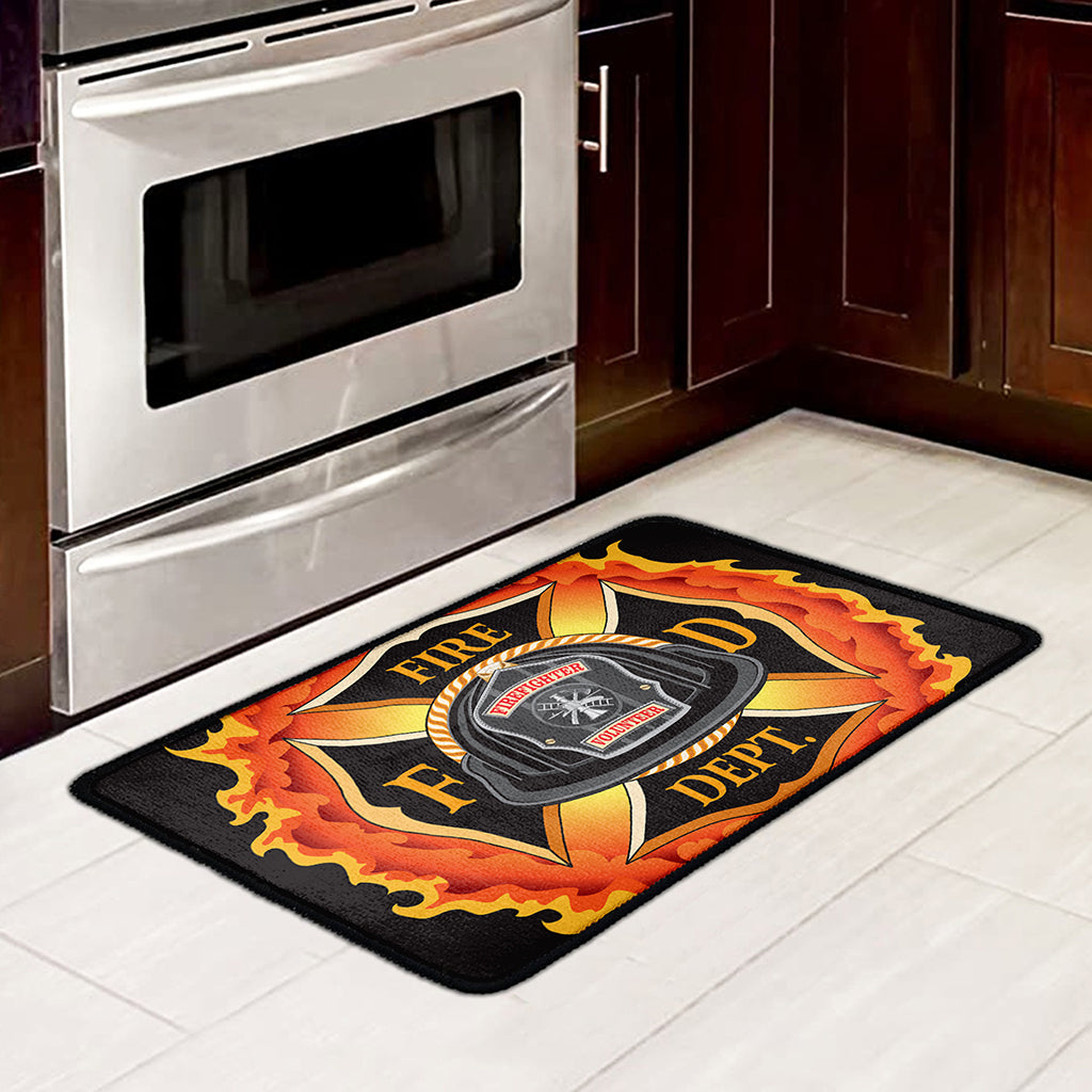 Flaming Firefighter Emblem Print Kitchen Mat