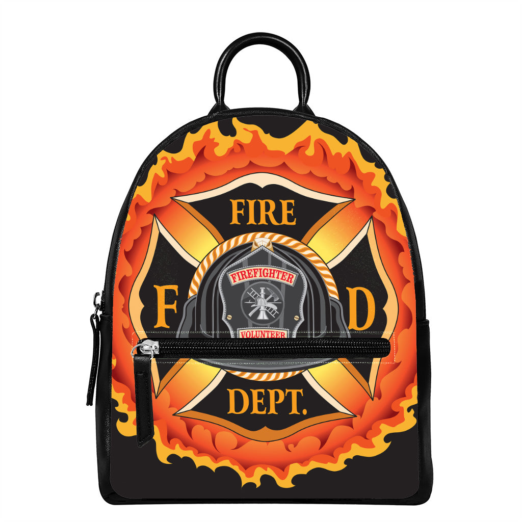 Flaming Firefighter Emblem Print Leather Backpack