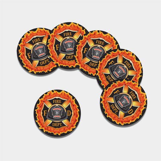 Flaming Firefighter Emblem Print Leather Coaster Set
