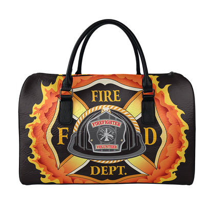 Flaming Firefighter Emblem Print Leather Duffle Bag