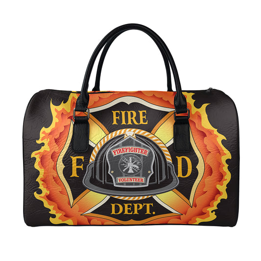 Flaming Firefighter Emblem Print Leather Duffle Bag