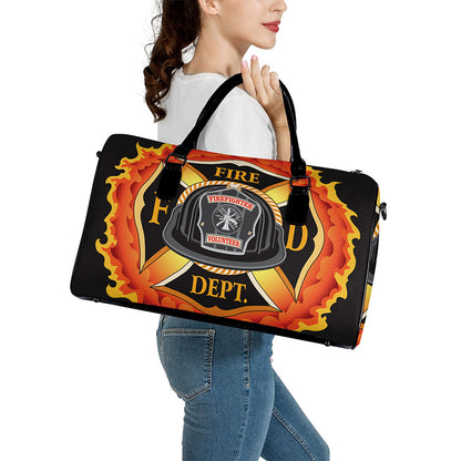 Flaming Firefighter Emblem Print Leather Duffle Bag