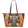 Flaming Firefighter Emblem Print Leather Tote Bag With Zipper