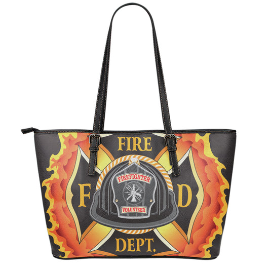 Flaming Firefighter Emblem Print Leather Tote Bag