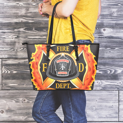 Flaming Firefighter Emblem Print Leather Tote Bag