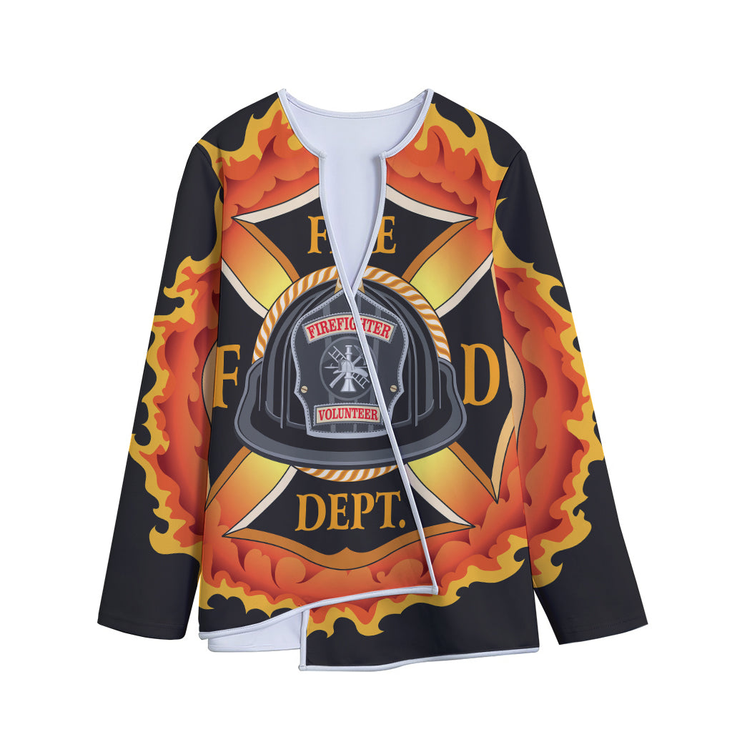 Flaming Firefighter Emblem Print Long Sleeve Short Coat