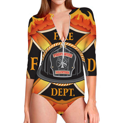 Flaming Firefighter Emblem Print Long Sleeve Swimsuit