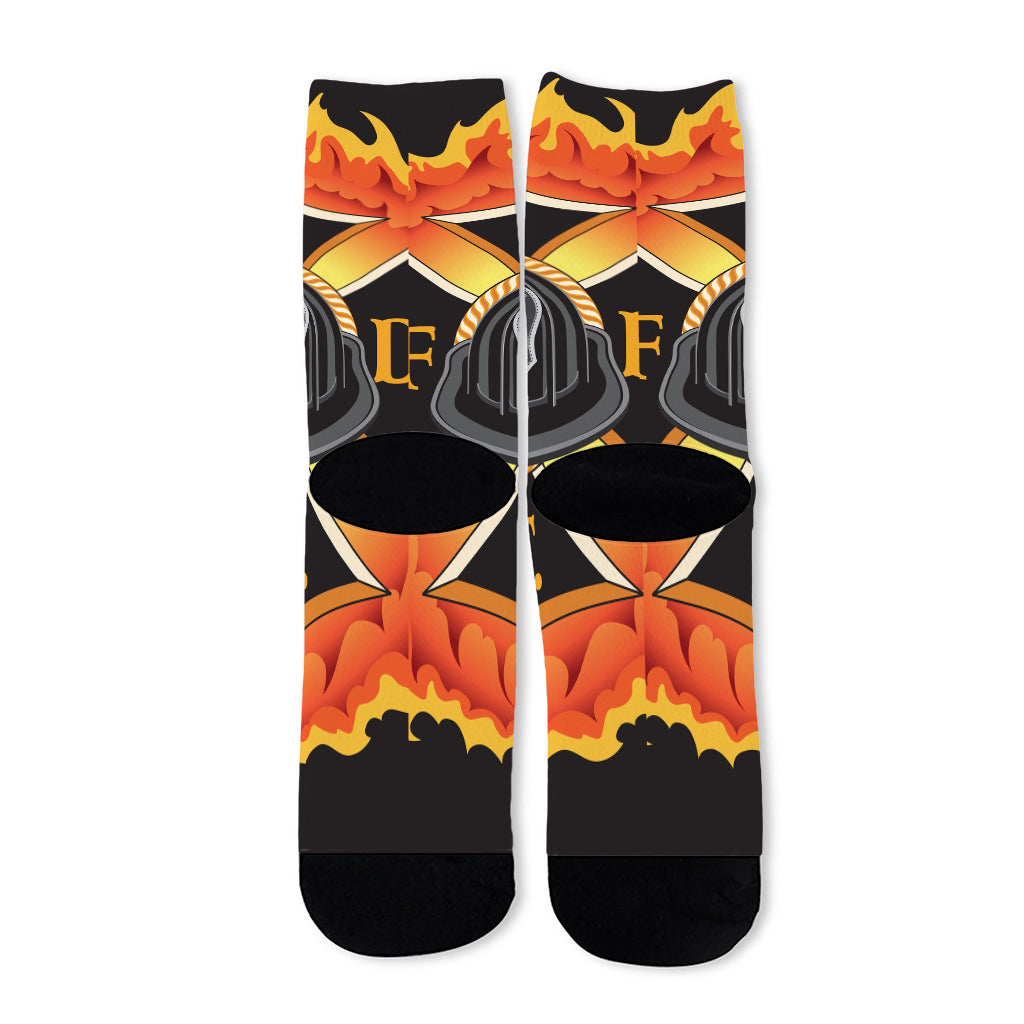 Flaming Firefighter Emblem Print Long Socks
