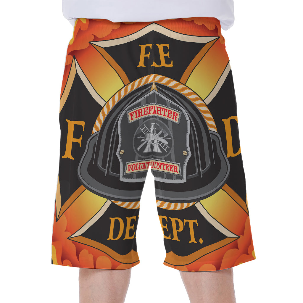 Flaming Firefighter Emblem Print Men's Beach Shorts