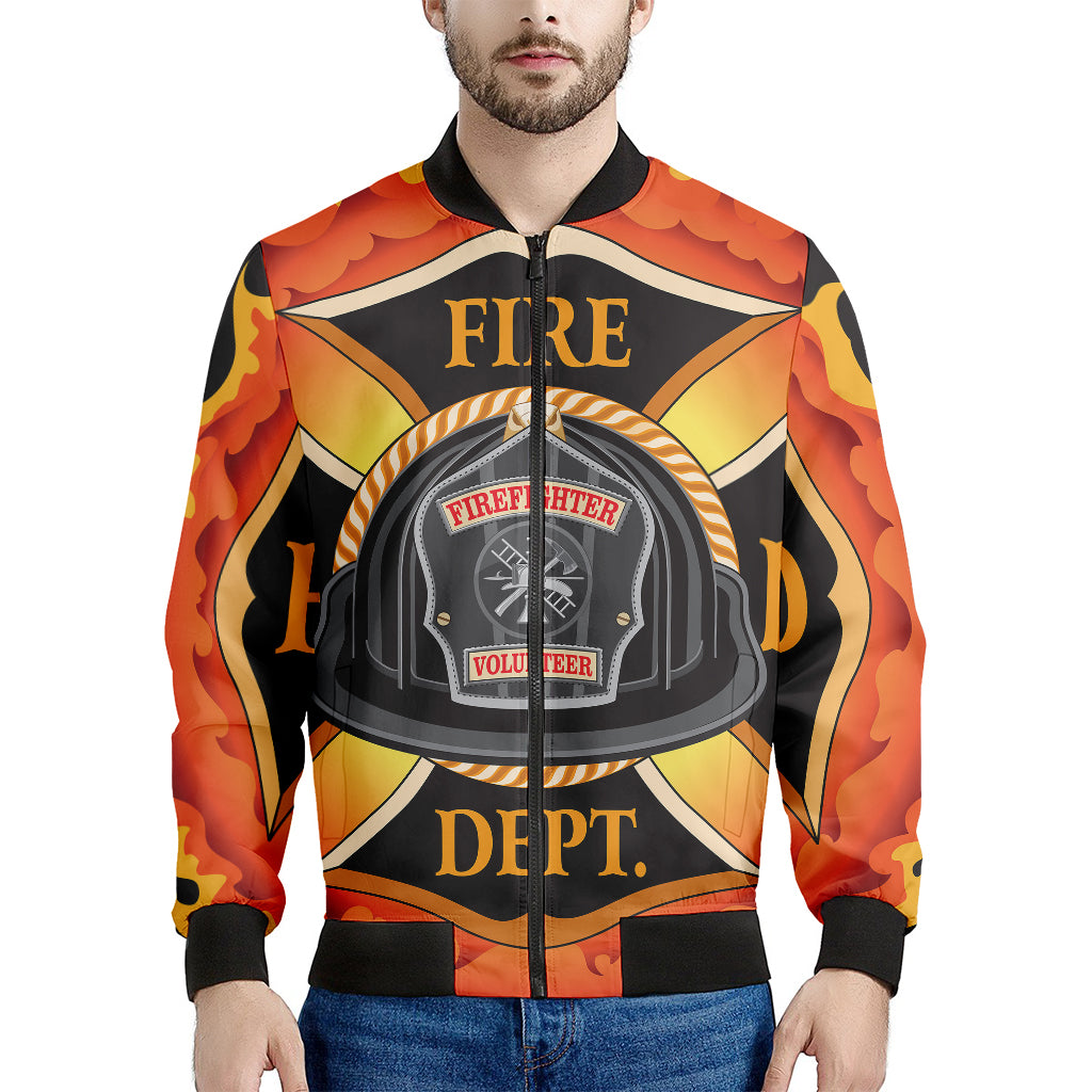 Flaming Firefighter Emblem Print Men's Bomber Jacket
