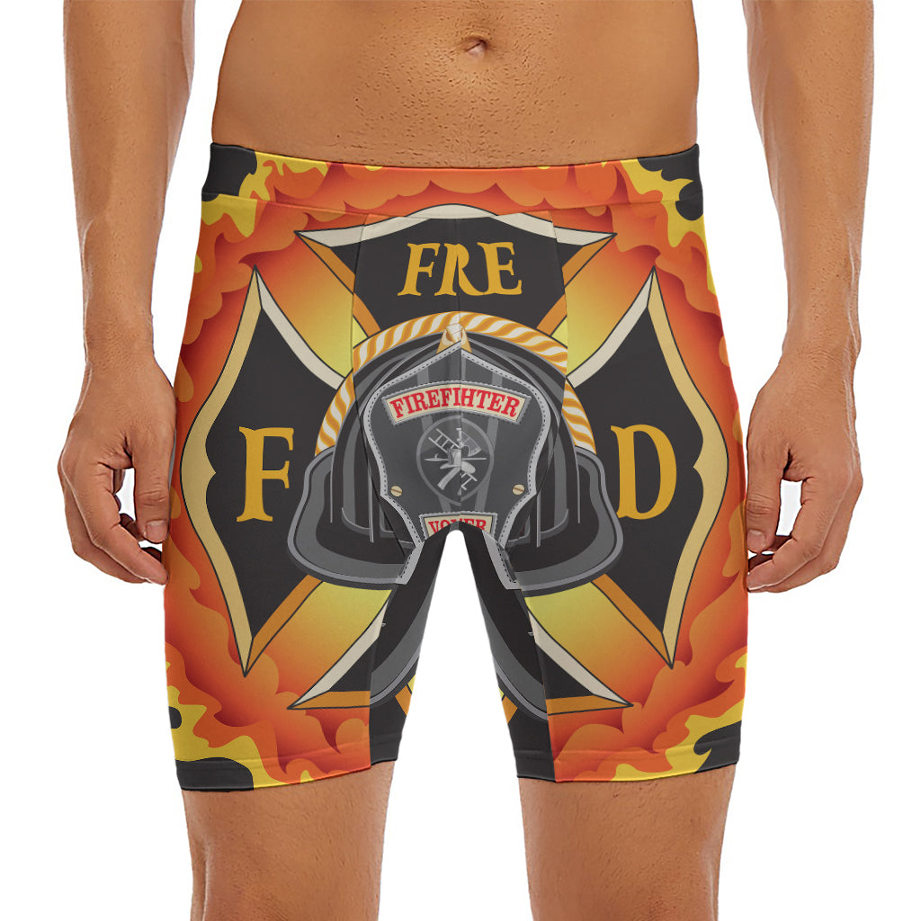 Flaming Firefighter Emblem Print Men's Long Boxer Briefs