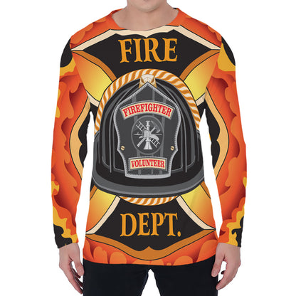 Flaming Firefighter Emblem Print Men's Long Sleeve T-Shirt