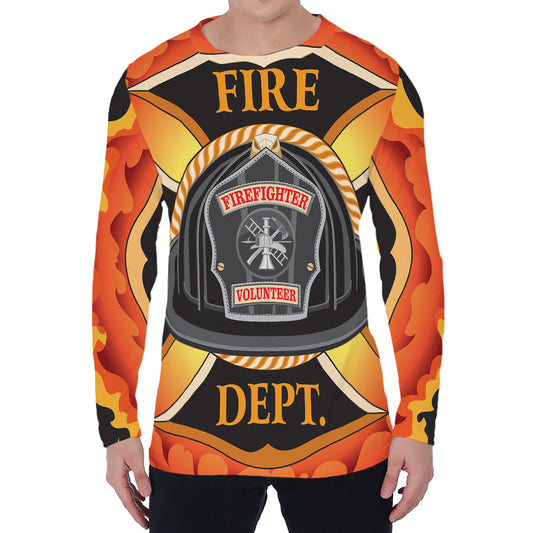 Flaming Firefighter Emblem Print Men's Long Sleeve T-Shirt