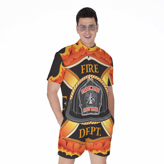 Flaming Firefighter Emblem Print Men's Rompers