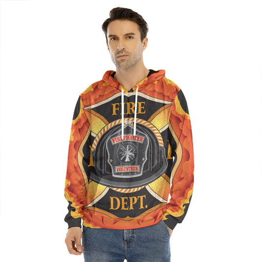 Flaming Firefighter Emblem Print Men's Velvet Pullover Hoodie