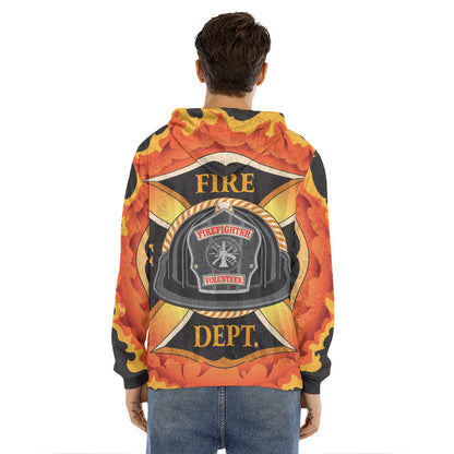 Flaming Firefighter Emblem Print Men's Velvet Pullover Hoodie