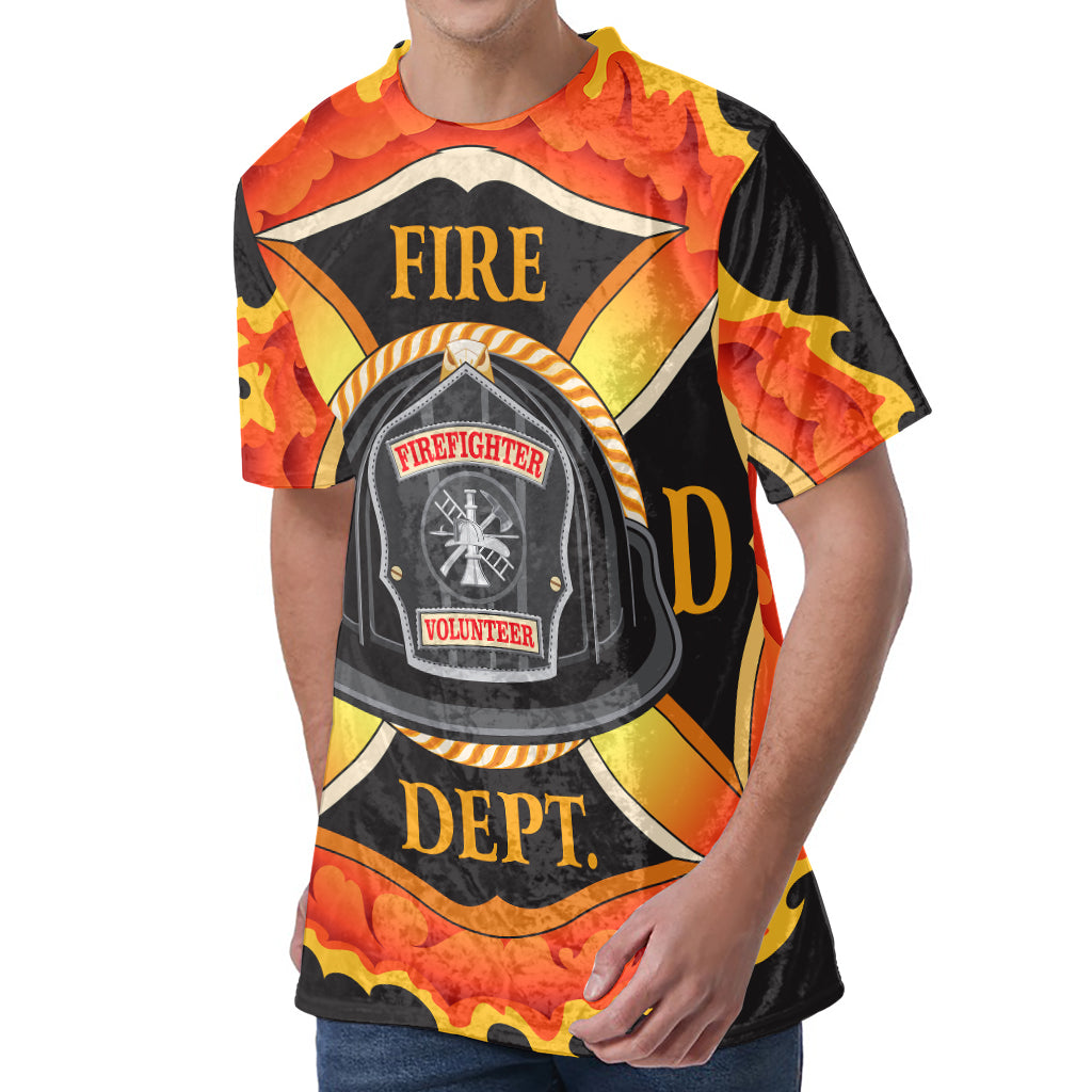 Flaming Firefighter Emblem Print Men's Velvet T-Shirt