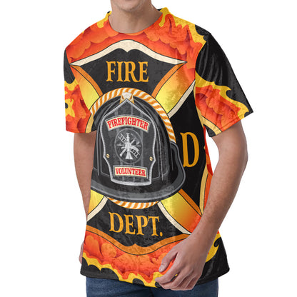 Flaming Firefighter Emblem Print Men's Velvet T-Shirt