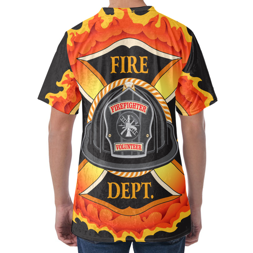 Flaming Firefighter Emblem Print Men's Velvet T-Shirt